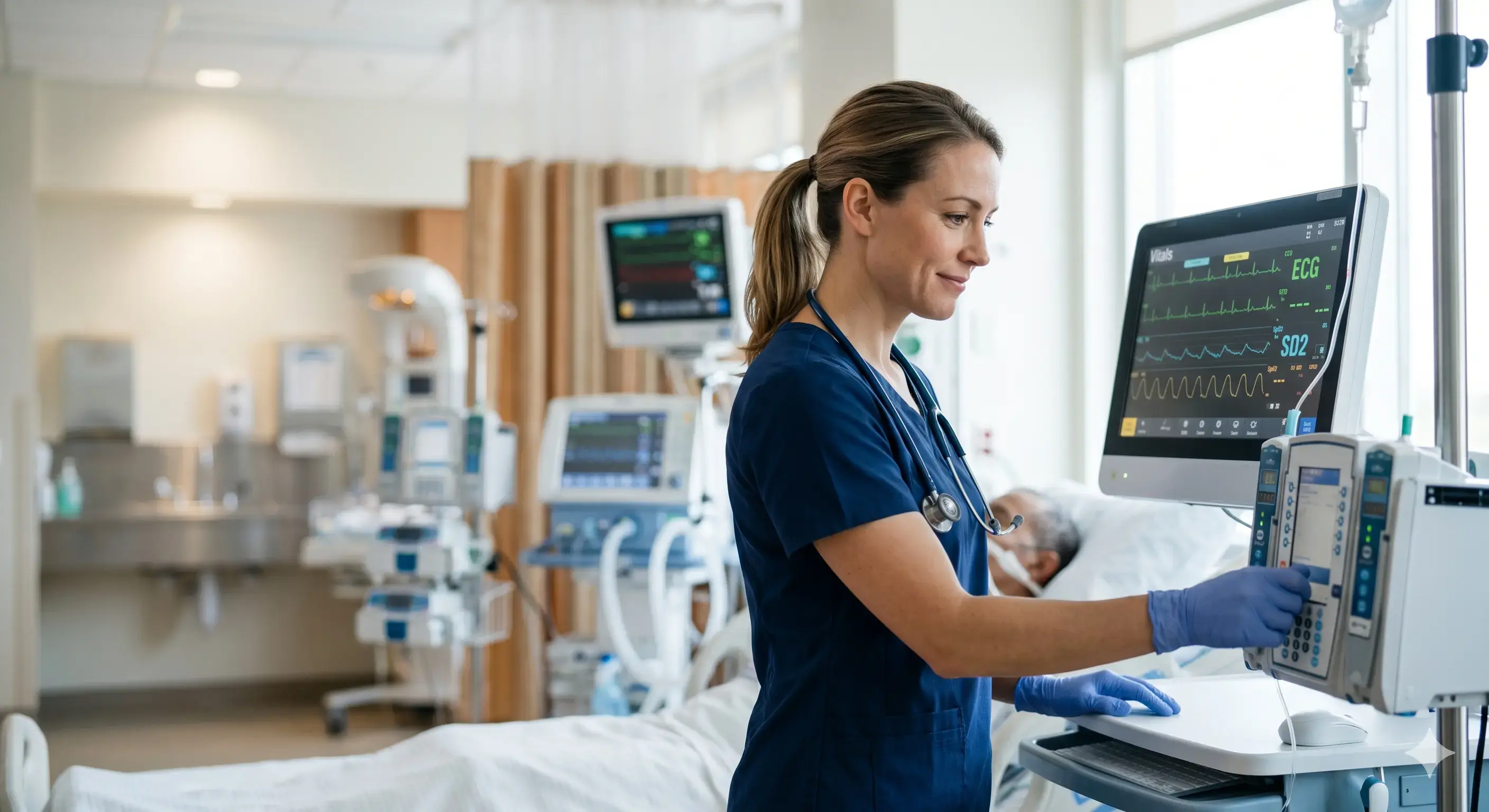 ICU nurse caring for a patient